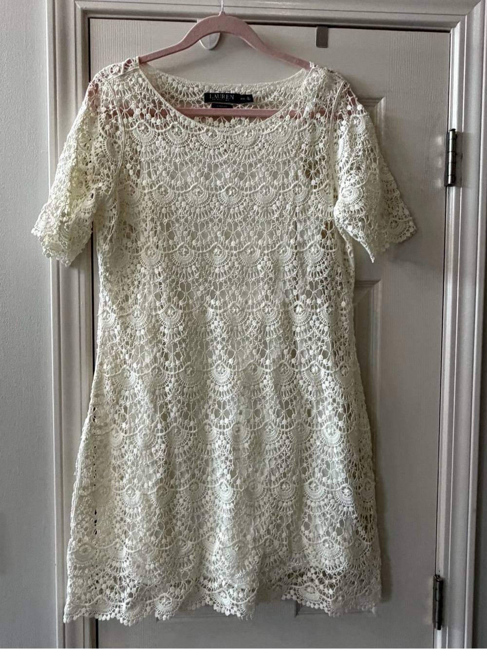 Lauren Ralph Lauren EUC White Cotton Crochet Lace Shift Dress Size PXL